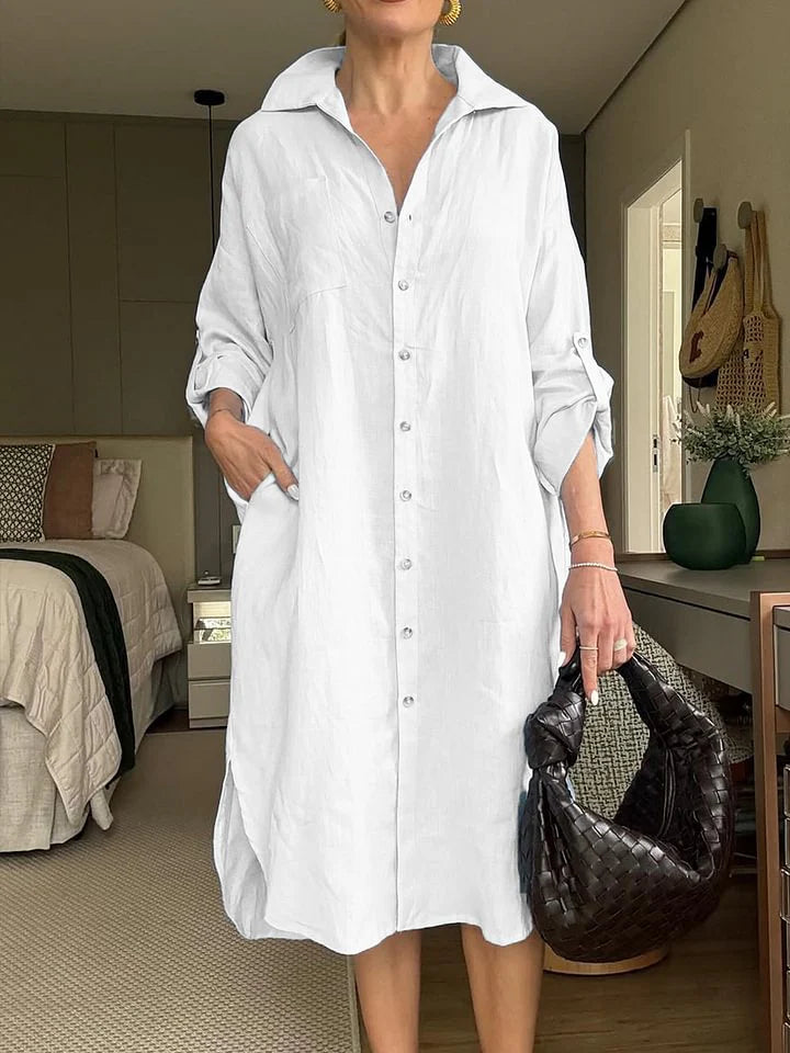 2025 Cotton Linen Shirt Long Dress Fashion Casual Long Sleeve Cardigan Dress