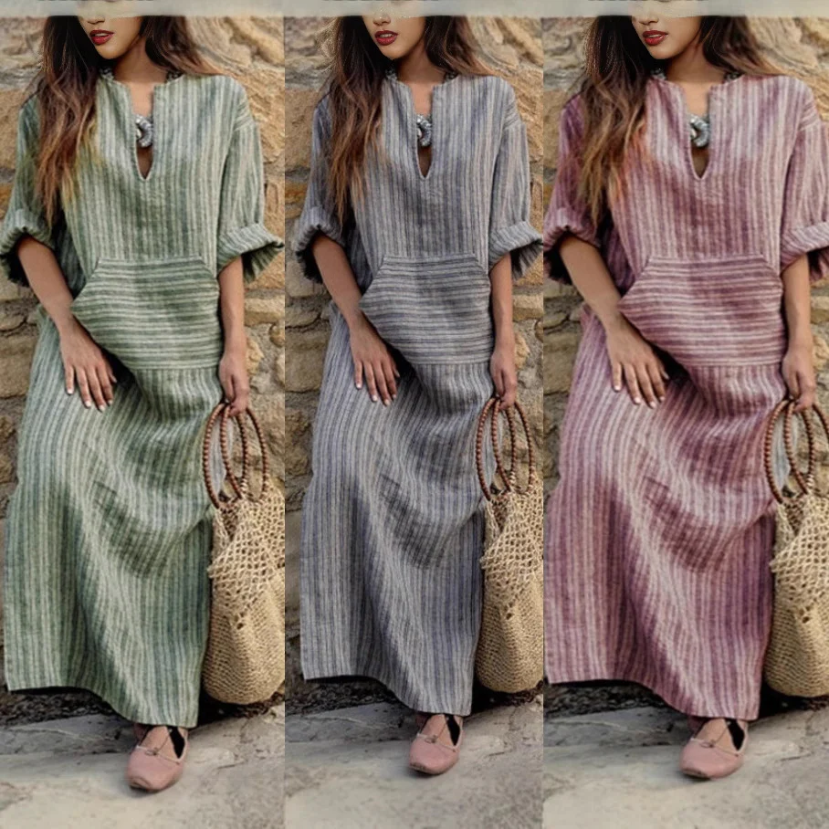 New Cotton Linen Color Weave Stripe Loose Dress