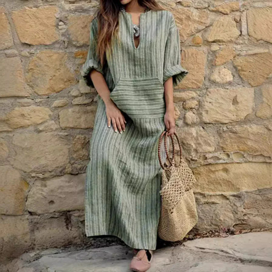 New Cotton Linen Color Weave Stripe Loose Dress