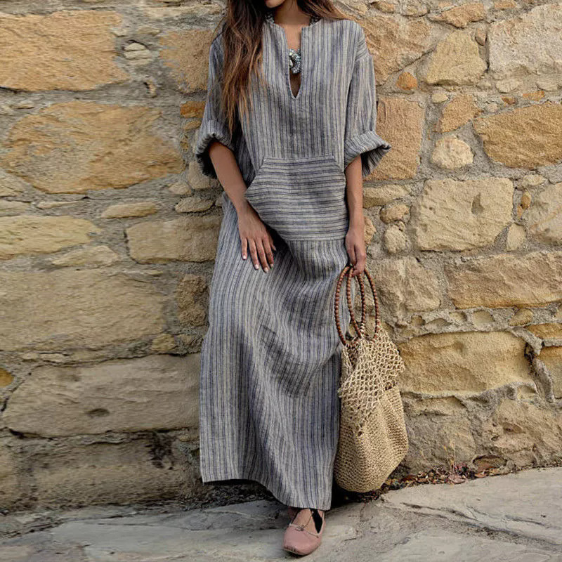 New Cotton Linen Color Weave Stripe Loose Dress