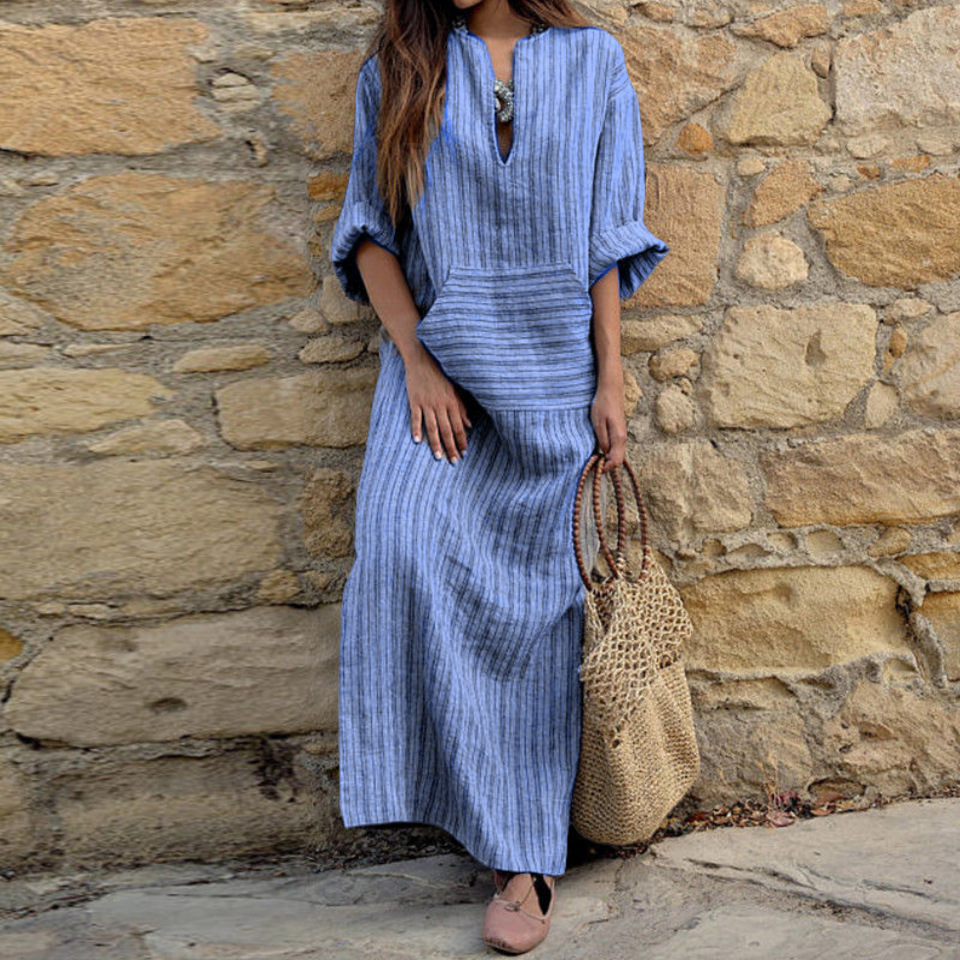 New Cotton Linen Color Weave Stripe Loose Dress