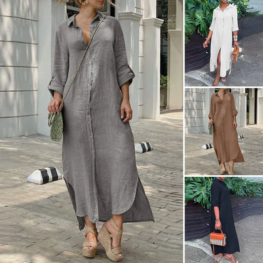 Cotton linen dress new shirt collar cotton linen button long dress