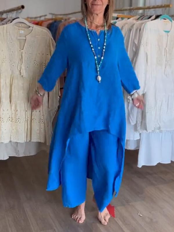 Solid color casual long-sleeved cotton and linen suit