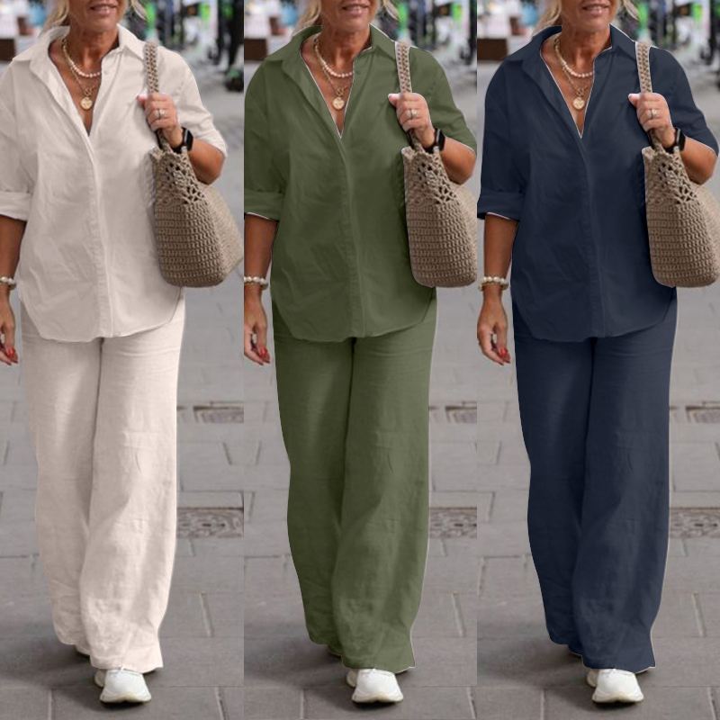 【2 pieces 25% off】Casual solid color lapel long-sleeved shirt wide-leg suit