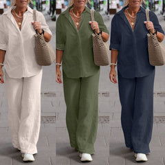 【2 pieces 25% off】Casual solid color lapel long-sleeved shirt wide-leg suit