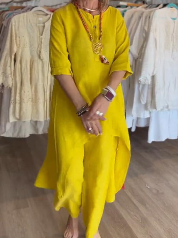 Solid color casual long-sleeved cotton and linen suit