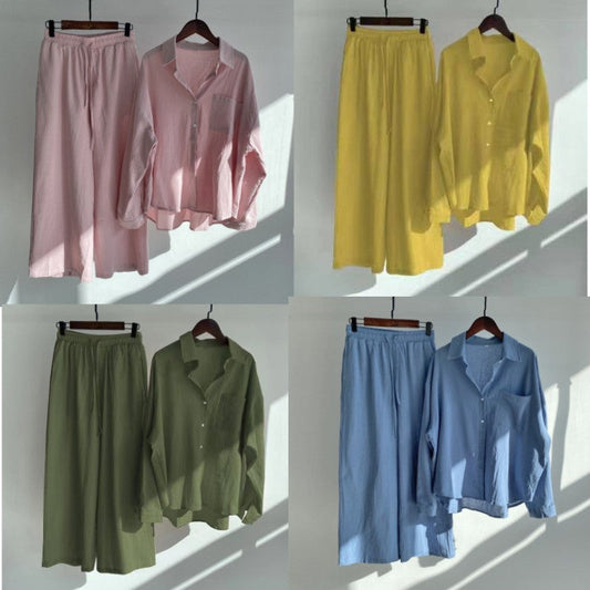 【25% Off Any 2 Pieces】Solid color cotton and linen shirt high waist loose trousers suit