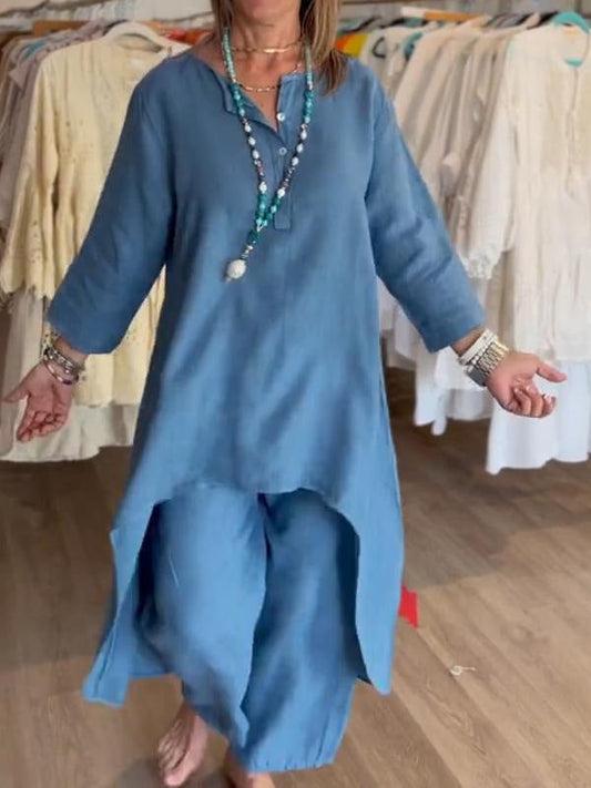 Solid color casual long-sleeved cotton and linen suit