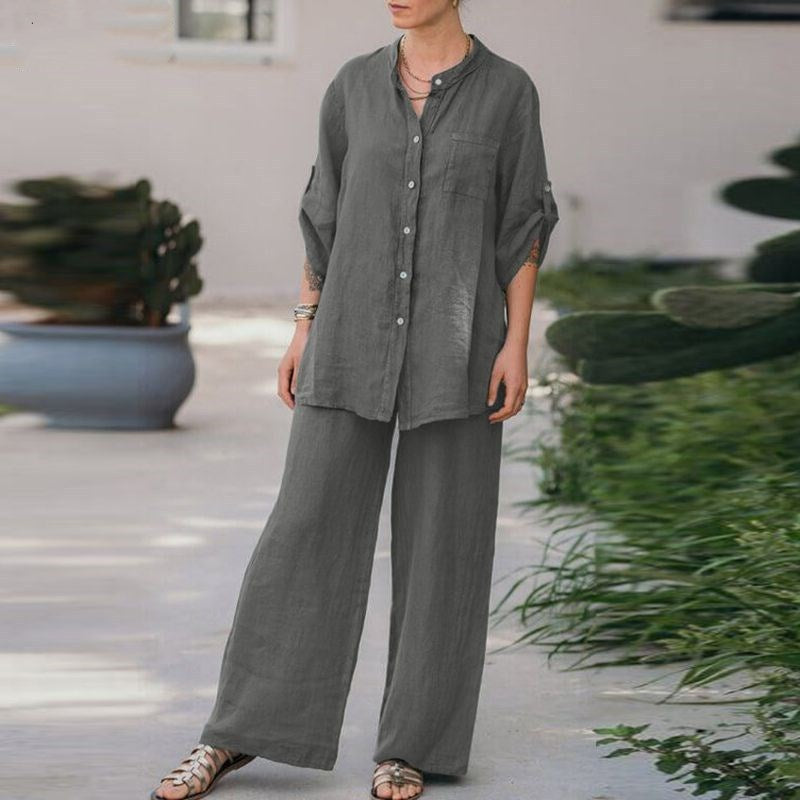 【2 pieces 75% off】Vintage cotton and linen shirt high waist loose trousers set