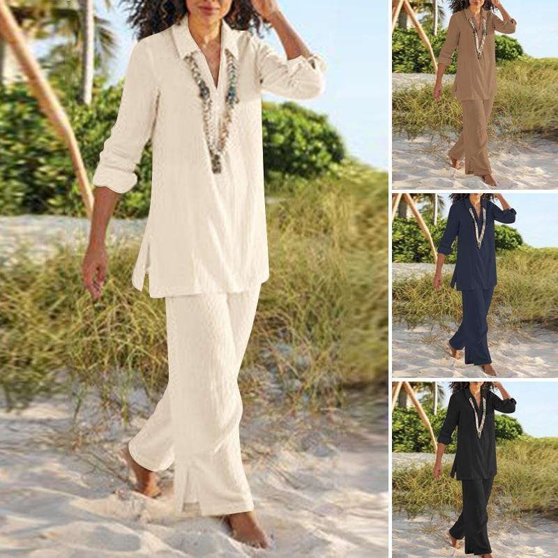 【2 pieces 25% off】 Cotton and linen casual long-sleeved loose cotton suit