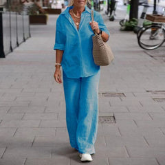 【2 pieces 25% off】Casual solid color lapel long-sleeved shirt wide-leg suit