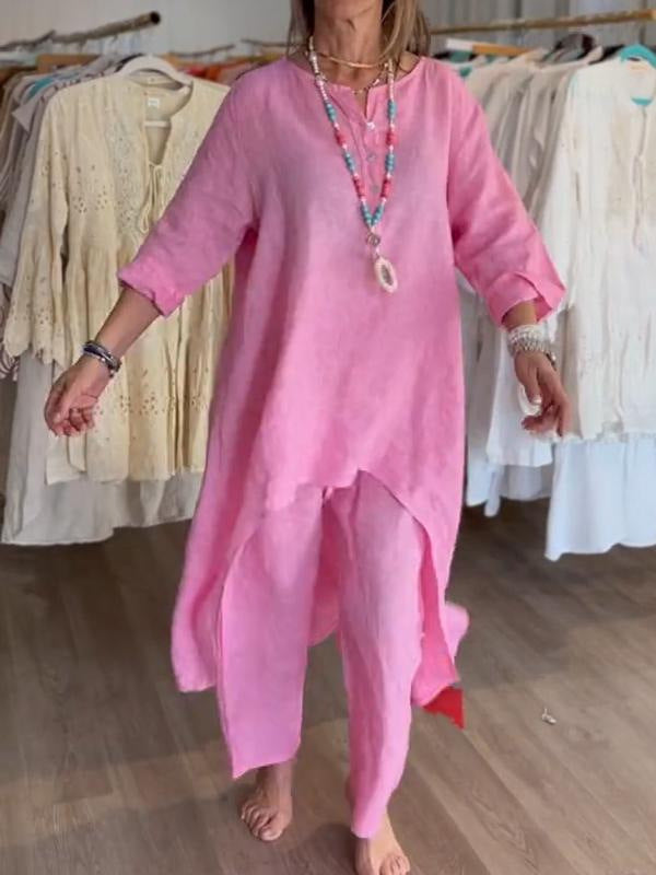 Solid color casual long-sleeved cotton and linen suit