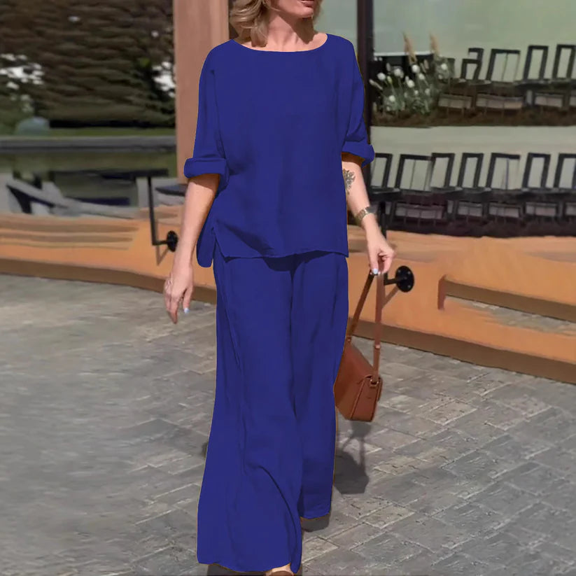 New cotton linen suit women's fashion solid color loose casual trousers two-piece