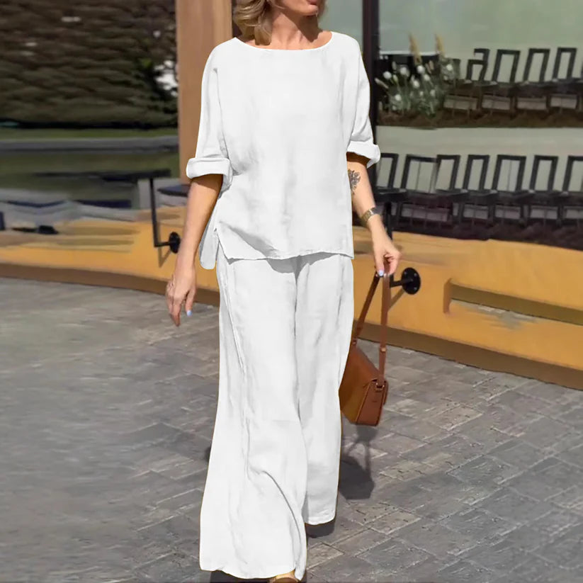 New cotton linen suit women's fashion solid color loose casual trousers two-piece