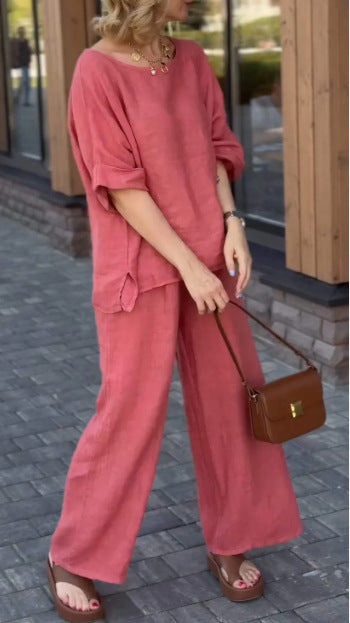 New cotton linen suit women's fashion solid color loose casual trousers two-piece
