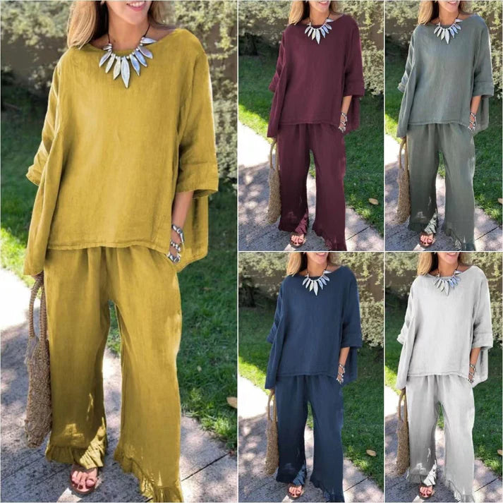 Cotton linen suit Women's fashion solid color loose casual pants two-piece set