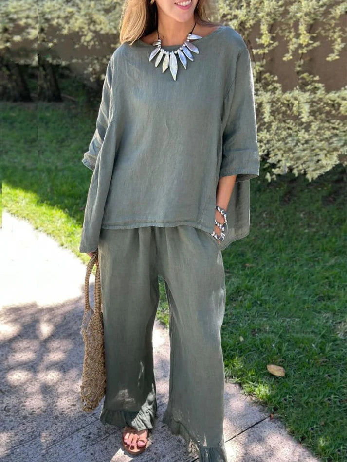 Cotton linen suit Women's fashion solid color loose casual pants two-piece set