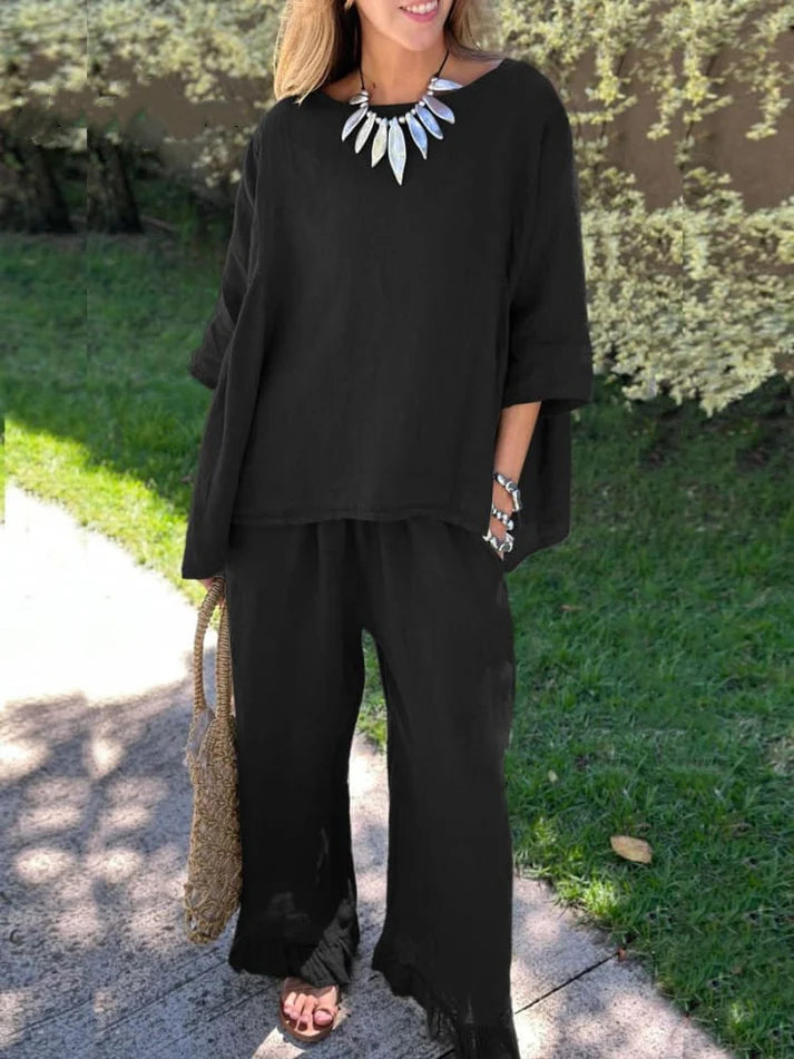 Cotton linen suit Women's fashion solid color loose casual pants two-piece set