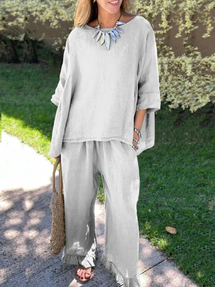 Cotton linen suit Women's fashion solid color loose casual pants two-piece set