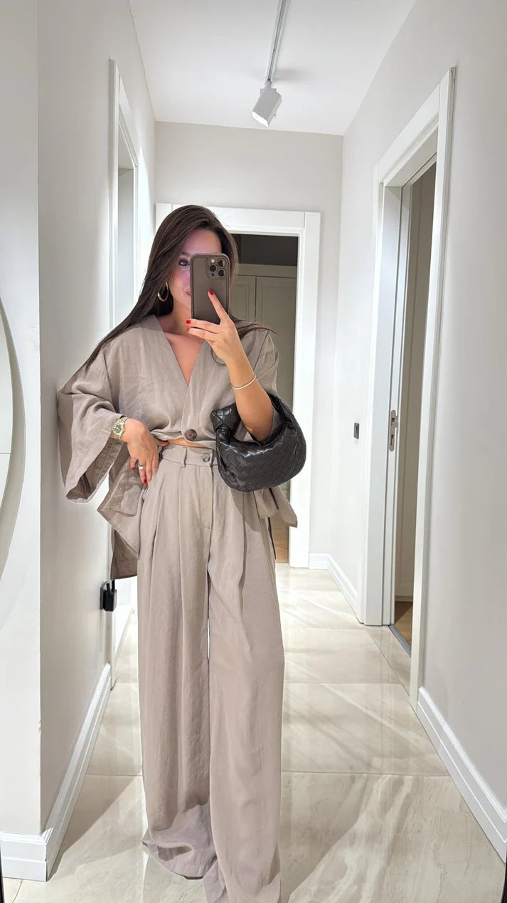 Casual suit V-neck one-button loose long-sleeved blouse high-waisted suit pants two-piece set