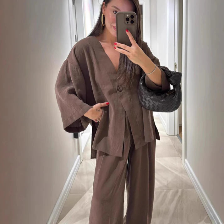 Casual suit V-neck one-button loose long-sleeved blouse high-waisted suit pants two-piece set