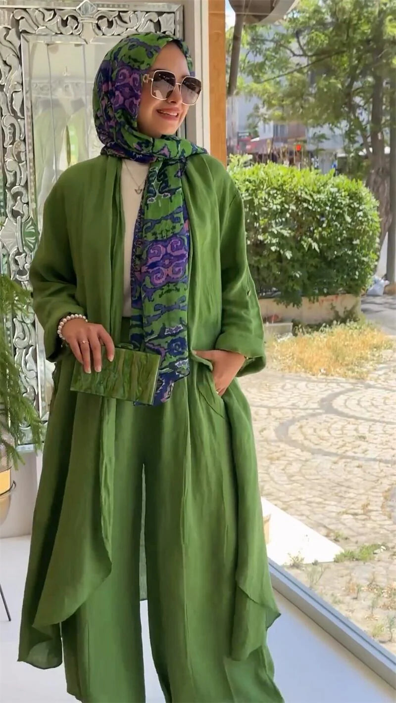 Fashion Loose Long Cardigan Casual Wide Leg Pants 2 Piece Set