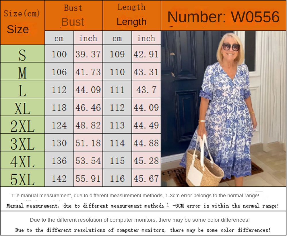 Temperament Elegant Long Loose Floral Dress Women's V-Neck Printed Large Size Dresses