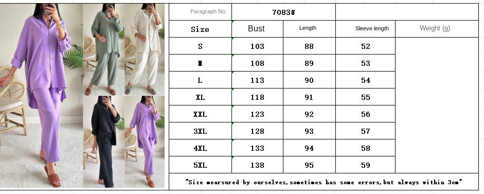 2025 new 2 pieces set of large size cotton linen shirt suit high waist loose trousers