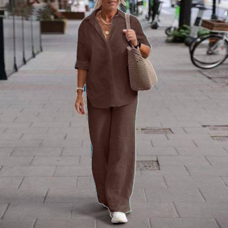【2 pieces 25% off】Casual solid color lapel long-sleeved shirt wide-leg suit